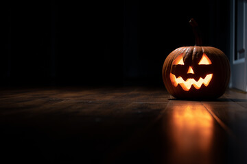 Spooky jack-o’-lantern glowing at corner, wide empty black space for copy