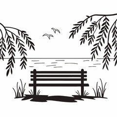 Minimilist silhouette of a bench overlooking water with willow branches and birds in a peaceful landscape scene vector