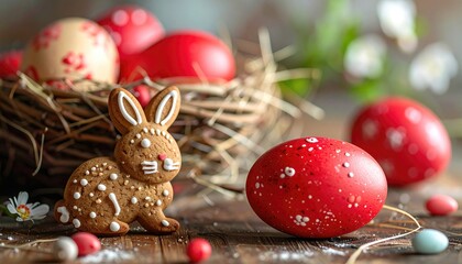 Close-up of festive Easter eggs in a twig nest beside a cute bunny-shaped gingerbread cookie on a wooden surface in soft, natural light