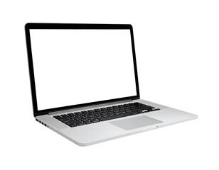 Sleek silver laptop angled left, blank white screen, black keyboard, touchpad visible