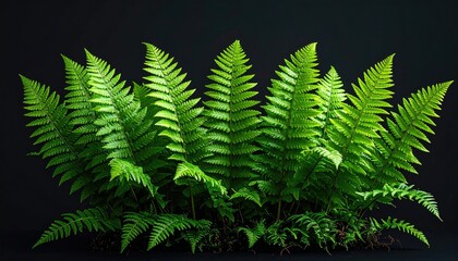 Vibrant green ferns stand against a dark backdrop, creating a lush, botanical display with intricate leaf details and gentle light diffusion
