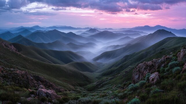 Majestic mountains stand tall under the twilight sky, where soft pink and purple hues blend gently with misty peaks, crafting an ethereal landscape that radiates calm and otherworldly beauty.