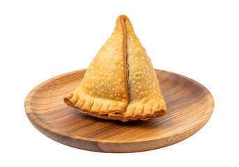 Golden, crispy samosa sits on a wooden plate against a black background.