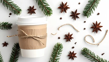 Top-down flat lay disposable coffee cup with twine, evergreen sprigs, and star anise on a bright, neutral background