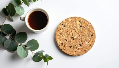 Minimal flat lay coffee in white mug, cork coaster, and eucalyptus sprigs on a clean white surface. Relaxing, calm, and inviting