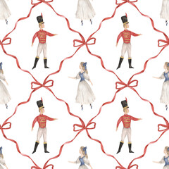 The Nutcracker. Watercolor hand-drawn coquettish seamless pattern with nutcracker and girl, wavy red ribbon and bow. Whimsical retro print  for design textile, wrapping paper, souvenirs