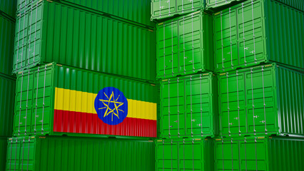 Cargo shipping container with Ethiopia flag, shipping and freight transportation of Ethiopia concept.