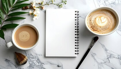 Overhead shot showcasing two mugs of coffee, a blank notebook, a brush, flowers, and green foliage atop a light marble background