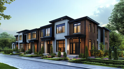 Modern townhouse exterior with brick and concrete facade, large windows, and landscaped garden under clear sky, showcasing contemporary residential architecture and inviting atmosphere