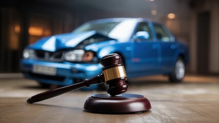 Justice for auto accidents with gavel and damaged car ready for court hearing, insurance claim, or personal injury lawsuit settlement
