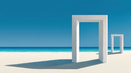 Fototapeta premium White Minimalist Archways on Serene Beach with Vibrant Blue Sky and Tranquil Waves in the Background