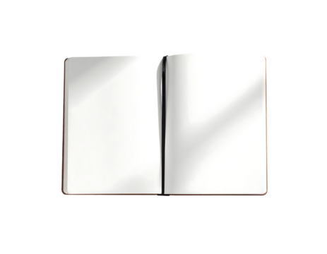 Open blank notebook with dark brown cover, subtly lit, showcasing clean, white pages and a visible spine