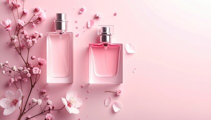 Two perfume bottles, one clear and one pink, lie on a soft pink surface with cherry blossoms and petals scattered around them