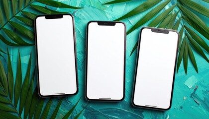 Three blank smartphones rest on textured teal backdrop amidst leafy fronds, offering bright, modern display for creative integration