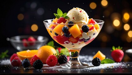 Fruity sundae in glass, with berries, mango chunks, orange slices, and vanilla ice cream. Defocused golden lights illuminate the background