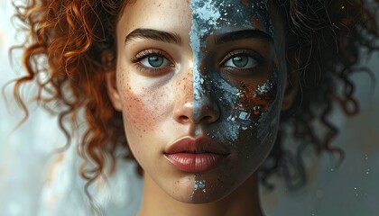 Intimate portrait of a woman's face, a striking juxtaposition of natural beauty with vibrant abstract paint, embodying artistic duality and profound self-expression