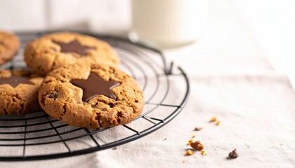 A trio of golden cookies adorned with star-shaped chocolate rests upon a cooling rack, near a glass of milk and crumbly bits