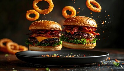 Two delicious burgers with bacon and cheese float above a plate, accompanied by levitating onion rings against a dark, blurred background