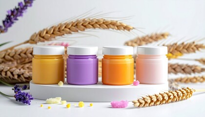 Jars on platform, vibrant colors amidst wheat & lavender. Sweetness suggested by scattered sugar sprinkles. White backdrop adds clean touch