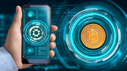 Hand holding smartphone displaying digital interface with Bitcoin symbol in futuristic tech background