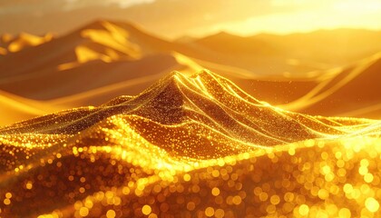 Shimmering gold sands dunes undulate beneath a warm, glowing sun, creating a dreamlike desert landscape with sparkling particles
