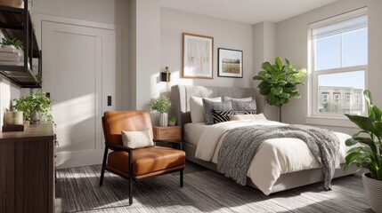 Fototapeta premium Cozy modern bedroom with stylish decor, warm tones, plants, and natural light for a tranquil retreat or relaxing stay