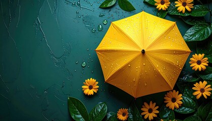 Yellow umbrella nestled amidst green foliage, water droplets scattered on petals and canopy against a textured green backdrop