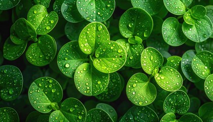 Overhead shot of vibrant green seedlings with water droplets clustered on the round leaves. Lush, fresh foliage filling the frame
