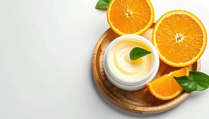 A jar of cream sits on a wood plate with orange halves and leaves, set on white surface with lots of negative space on the left side