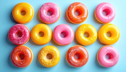 Fifteen glazed donuts in three rows on a bright blue background, featuring various vibrant colors and subtle white sprinkles