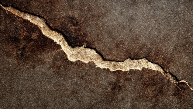 A long, irregular crack bisects a textured surface, showcasing intricate patterns and muted tones. - Powered by Adobe