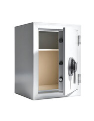 Fototapeta premium A white, rectangular safe with a slightly ajar door, revealing an empty interior shelf. The safe features a simple, functional design and a visible locking mechanism