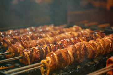 Close-up of grilled meat skewers with onion cooking on hot charcoal grill. Concept of street food, barbecue, traditional festival cuisine and outdoor cooking