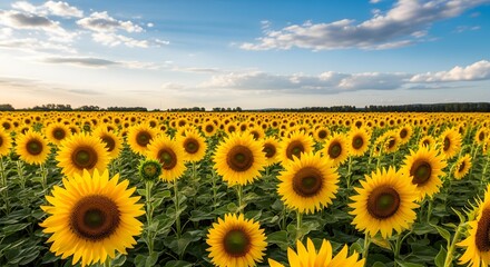 Fototapeta premium A vibrant sunflower field stretches towards the horizon under a bright blue sky dotted with fluffy white clouds.