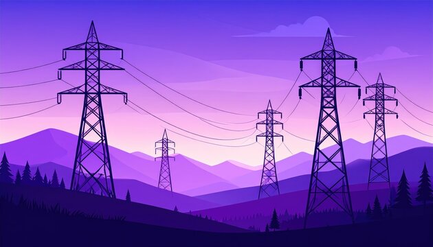 Electric towers ascend in a mountainous purple landscape, powerlines connecting them under a gradient sky, trees line the bottom