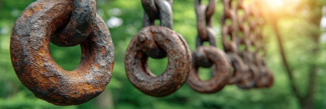 Close-up view of weathered, rusty metal chain links with circular eyelet fasteners, set against a blurred background of lush greenery, highlighting the aged texture and intricate details of the...