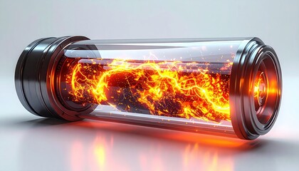 A glass capsule with black ends holds glowing, orange, crackling energy within, set on a reflective surface