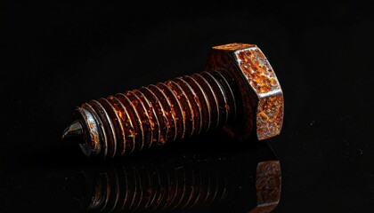Rusted metal bolt on a shiny black surface, showing wear and oxidation. The threads are visible and detailed