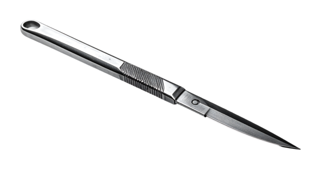 Sleek, silver surgical scissors with a textured handle and a pointed, slightly curved blade, isolated on a black background