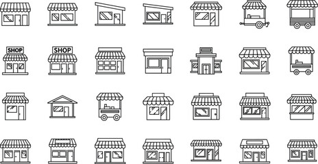 Storefront icons, retail shop vector, food cart illustration, commercial building set, urban business graphics, kiosk design, market stall clipart