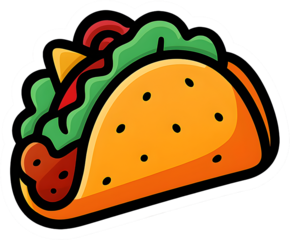 Taco PNG sticker cartoon bold mexican food icon isolated on transparent background thick outline soft shadow high resolution square 1x1 tasty street food menu salsa cheese lettuce tomato minimal moder