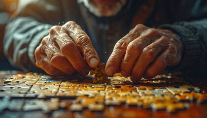 Close-up of a senior man's weathered hands meticulously assembling a jigsaw puzzle on a wooden table, a focused hobby for leisure