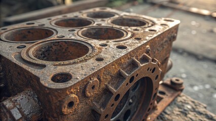 Fototapeta premium Macro view of a corroded engine part illustrating signs of age and neglect in a forgotten mechanical environment