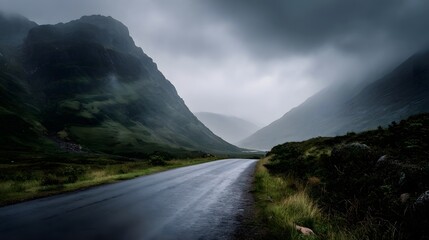 A wet winding road leads through a dramatic misty mountain pass under an overcast sky