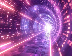 3D rendered tunnel of binary code with glowing circuit traces in perspective depth, periwinkle and dusty rose futuristic background