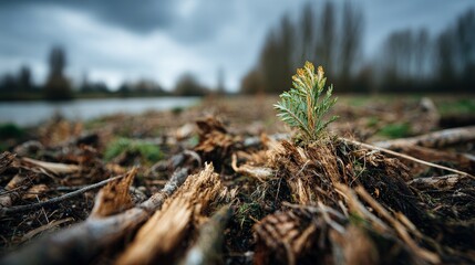 Fototapeta premium Desolate battlefield with broken trees and polluted river, lone green sapling for environmental protection day