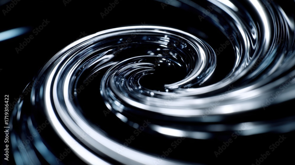 Poster swirling liquid metal effect with glossy texture creating abstract art in dark background