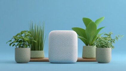 Obraz premium Light gray square object centered on a light-colored wooden platform with various potted plants