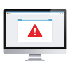 A modern computer monitor displaying a red warning triangle with an exclamation mark in a browser window, isolated on transparent background