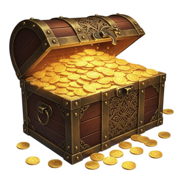 An open treasure chest overflowing with gold coins, isolated on transparent background